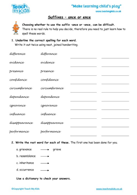 Worksheets for kids - suffixes-ance-or-ence